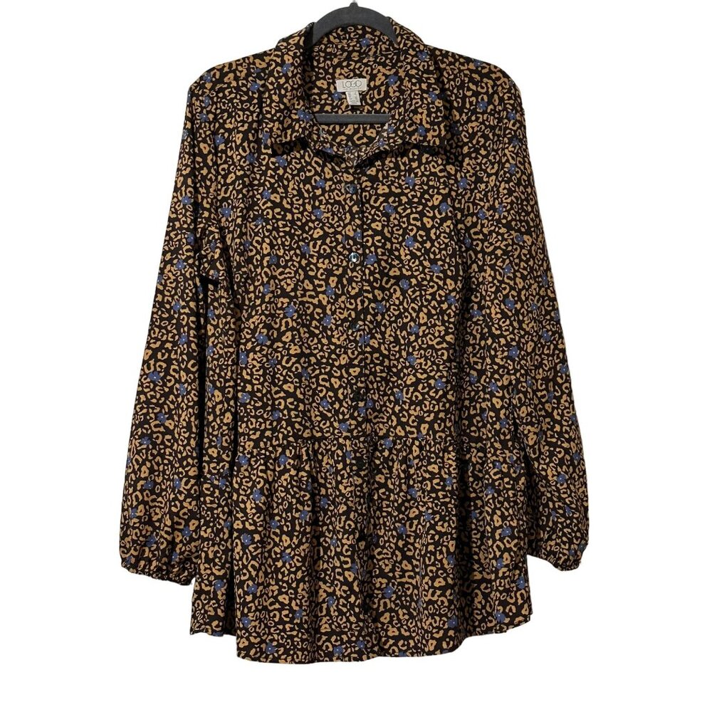 Logo By Lori Goldstein Womens Size L Animal Print Peplum Button-Down Blouse